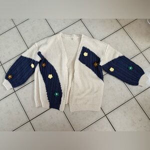 POL Cream and Blue Cardigan with Floral Accents